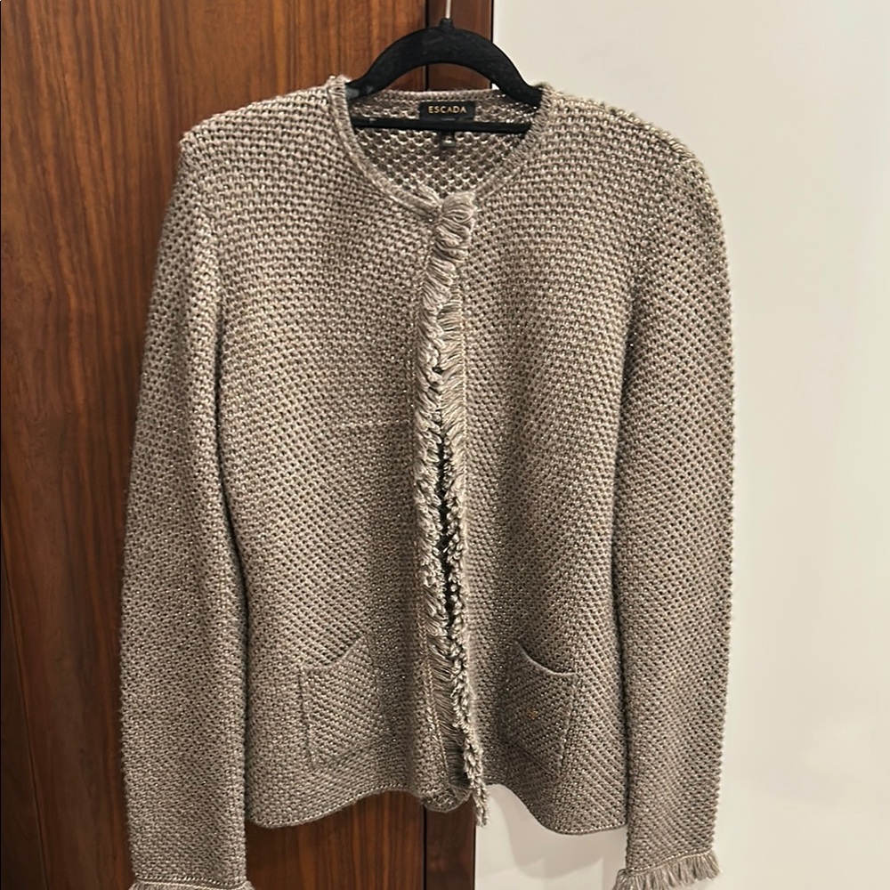 Escada Cream Cardigan with Textured Knit and Frayed Edges